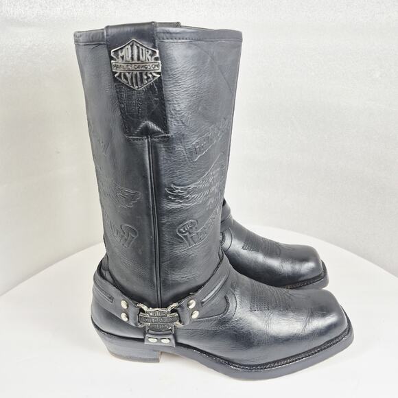 Harley Davidson Harness Motorcycle Boots Mens Blk Leather USA Sz 10 Vtg Sq. Toe - Picture 1 of 15